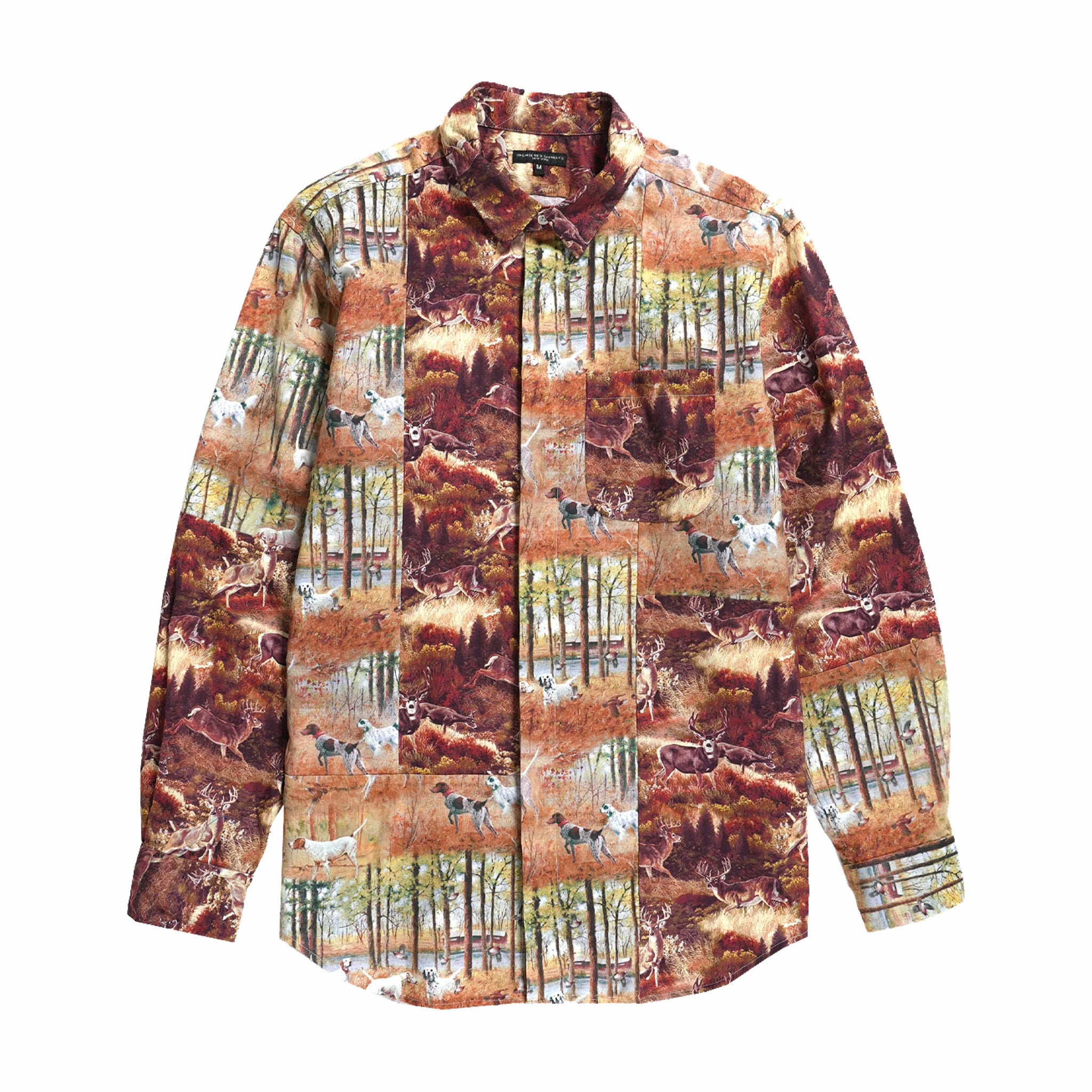 Indumenti ingegnerizzati, Engineered Garments - Camicia combinata con colletto corto e stampa cervo (marrone)